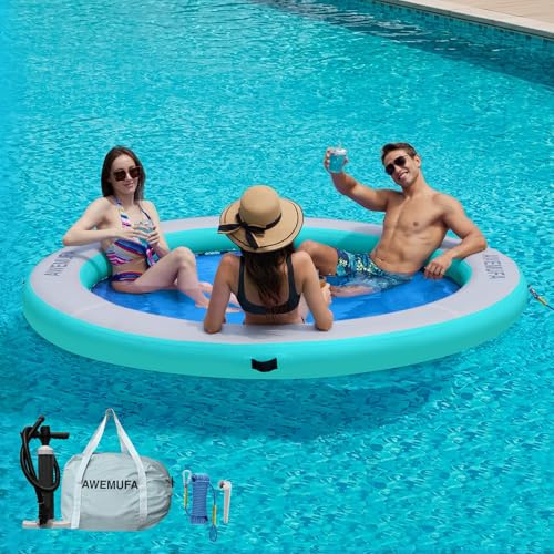 AWEMUFA 8ft Floating Ring Lake Raft for Adults 8 Inch Thickness Inflatable Water Hammock Multi-Person Party Water Toys Round Mint Green Dock Platform Circle Float Island Pad