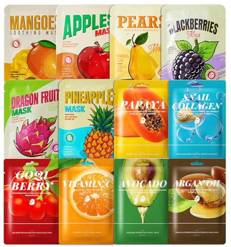 12 tipi x 25ml Maschera Viso Idratante, Maschera in Tessuto, Maschera facciale coreana, Skin Care, Maschera Idratante Viso Nutriente Per la Cura della Pelle