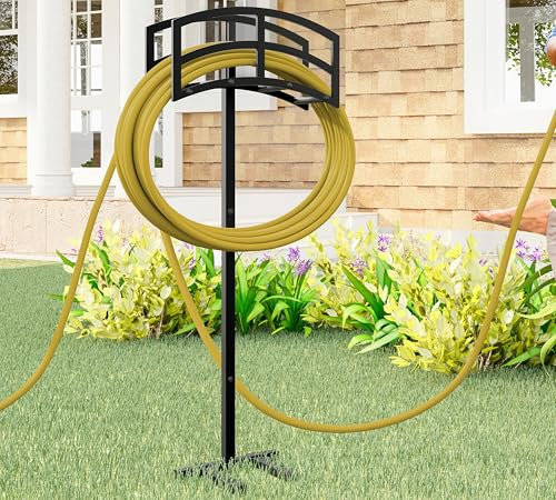 Kingson Supporto per tubo da giardino in metallo resistente, supporto rimovibile e autoportante con 4 punti di ancoraggio, nero (uso esterno)