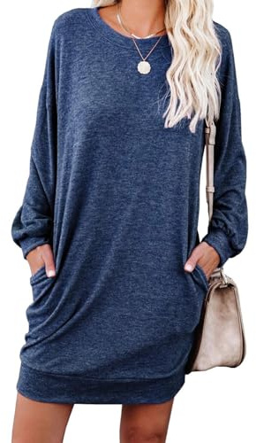 PrinStory Robe pull à manches longues pour femme, mini robes décontractées et amples en tricot, tunique basique, avec poches latérales