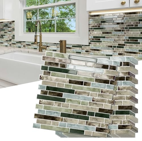 10 Sheet Thick Peel and Stick Kitchen Backsplash Tiles,3D Waterproof Self Adhesive Wall Tile Stick on Backsplash for Kitchen,Bathroom and Fireplace(Mixed Green,12×12)