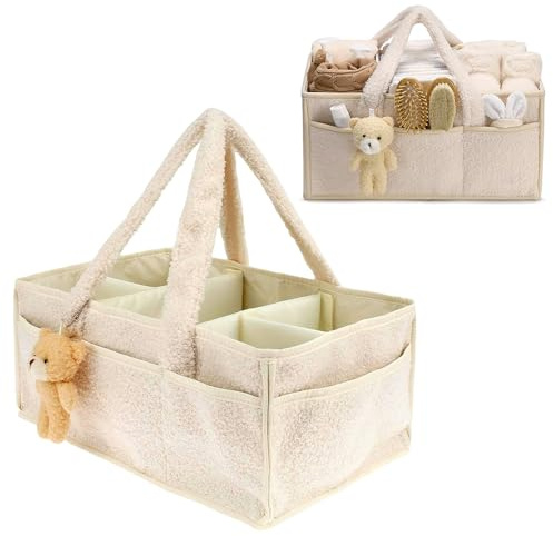 KQWVZ Baby blöja Caddy arrangör, bärbar blöjorganisatör, korg, med fack och handtag, plysch skötarrangör, stor med björnhänge, multifunktionellt skötbord, arrangör, korg för babysaker