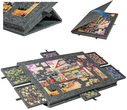 YCBTREE Puzzletisch 1000 Teile – Kippbares Puzzlebrett mit 2-in-1 Ständer & Abdeckung, Superleichtes Filz Puzzle Board mit 6 Schubladen, Tragbare Puzzleplatte, rutschfeste Oberfläche (Dunkelgrau)