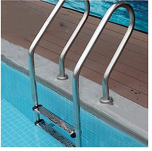 Escalera de piscina de acero inoxidable con 2 peldaños antideslizantes, sistema de acceso a la piscina de fácil montaje, acabado plateado, diseño de pared tubular ideal para piscinas en el suelo