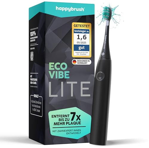 happybrush AllBlack Eco Vibe 3 - Cepillo de dientes sónico (prueba de 100 días, batería de 8 semanas, cepillo de dientes ultrasónico)