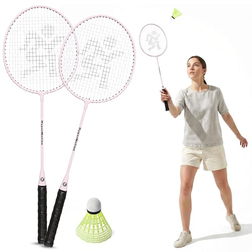 HyperMotion Set da badminton con 2 racchette e volano rosa, kit da badminton per bambini e adulti, gioco ricreativo per giardino spiaggia e vacanze