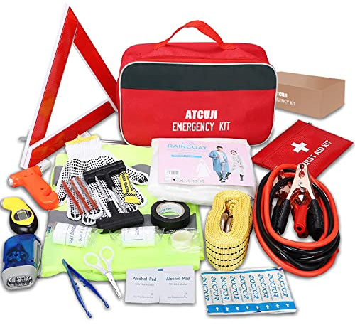ATcuji Auto Emergency Kit Set Car Tool Bag Vehicle Safety Kit Portable Roadside Assistance Automotive Tool Bag Multi-Purpose Emergency Pack Car Road Kit Essentials Jumper Cables Set Women Men Car Kit