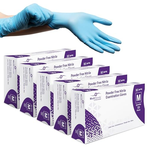 MediHands Nitrile Gloves Medium, Blue Heavy Duty Disposable Glove and Surgical Gloves, Powder Free and Latex Free, Medical, Food, Multi Use, Pack of 500