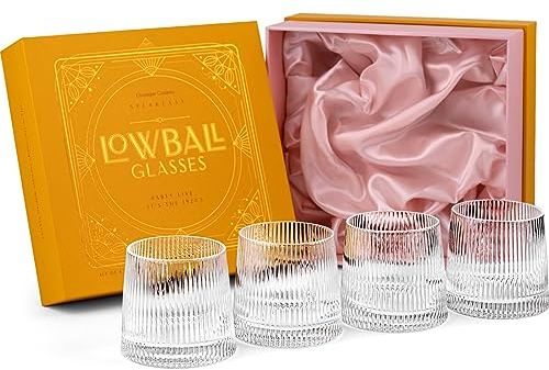 Vintage Art Deco Speakeasy Gerippte Gin + Rum Rocks Cocktailgläser | 4er Set | 260 ml Geriffelte Kristall Tumbler Gläser für Cocktails