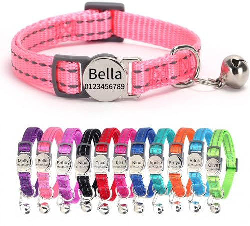 SEOUGEE Cat Collar Quick Release with Personalised Name Tag, Reflective Kitten Collars with Bells & Safety Release, 19-30 CM Adjustable, Pink