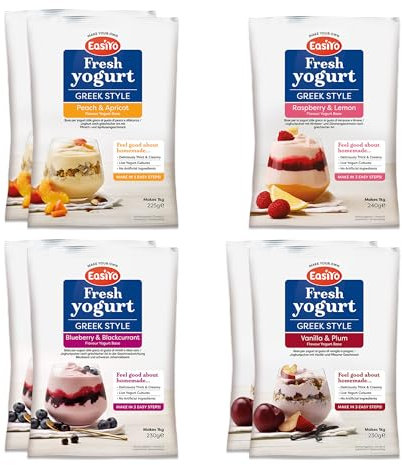 EasiYo Yogurt 7 Sachet Pack | EasiYo Greek Style Mixed Pack | Greek Style 2 x Blueberry & Blackcurrant 2 x Peach and Apricot 2x Vanilla & Plum 1x Raspberry & Lemon | Each Sachet Makes 1kg of Yogurt