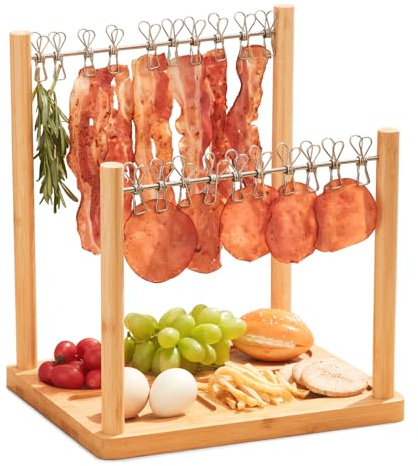 Bacon Display Rack, Serving Tray with Clothesline, Patented Design Bacon Serving Dishes, Extra Double Hangers, Exquisite Holder for Housewarming, Home Party, or Wedding Gifts (Natural Bamboo)