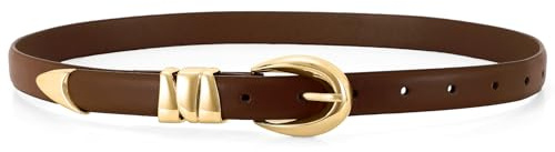 WHIPPY Women Skinny Leather Belt for Jeans Pants Dresses Ladies Fashion Waist Belt with Shiny Gold Buckle,Coffee Gold,S