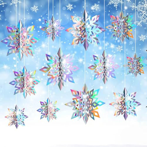 12Pcs Christmas Hanging Snowflake Decorations, 3D Snowflake Hanging Pendant for New Year's, Birthdays, Winter Parties