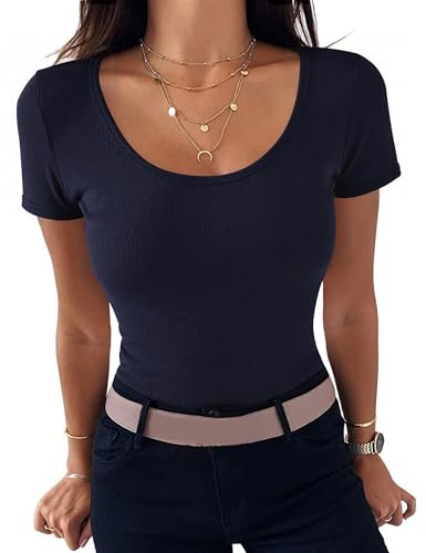 Aottori T Shirt Côtelé Femme Col Rond Manches Courtes Coupe Ajustée Été | Maille côtelée, col rond avec manches courtes, coupe ajustée, adapté au quotidien bureau ou sortie, seul ou sous une veste