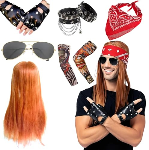 Rocker Outfit Herren, Rocker Herren Rockstar Kostüm, 70er 80er 90er Disco Kostüm Party, Armband Kopftuch Sonnenbrille Handschuhe Tattoo Ärmel für Rollenspiel, Halloween, Fasching, Kostümfeste