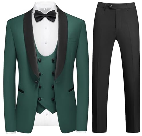 KUDMOL Costume Homme 3 Pièces Slim Fit Mariage Business pour Fête Bal Smoking à Un Bouton Blazer Veste Pantalon Gilet avec Un Nœud Papillon Gratuit(Armée Verte,M)