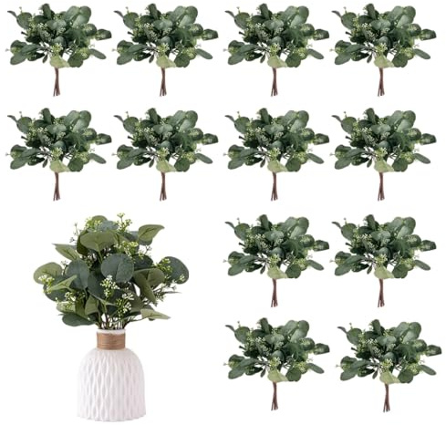 EIROVYA 12 piezas plantas artificiales, ramas artificiales de plantas de eucalipto, hojas flores artificiales, plantas decorativas para interiores, jardín, dormitorio, jarrón, decoración