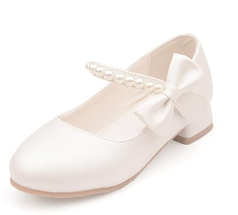 Scarpe da Principessa per Ragazze Perle Papillon Scarpe Eleganti Mary Jane Bambina con Tacco per Matrimoni e Feste 36 Crema