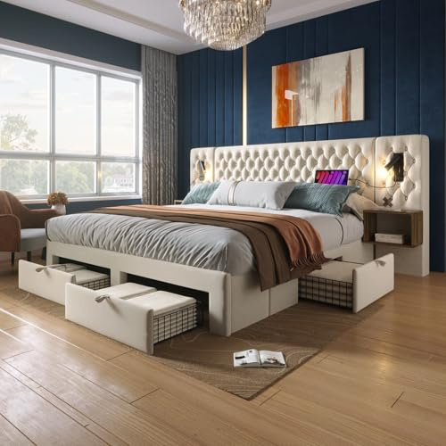 PUGSDRLY Lit Rembourré avec Espace de Rangement, Ports USB et Type-C, Lit Double avec 2 Tables de Chevet et Lampe de Lecture, Sommier à Lattes, Velours, sans Matelas (Beige-Tiroirs, 160 x 200 cm)