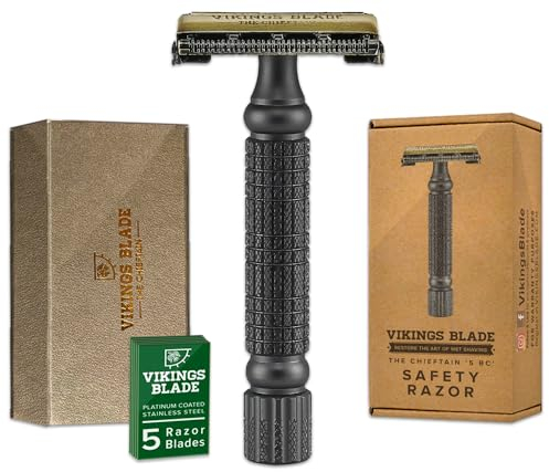 VIKINGS BLADE Doppelschneidiger Rasierhobel für Herren + 5 schwedische Stahlklingen + Luxusetui | Glatt, wiederverwendbar, recycelbar (Chieftain 5 BC)