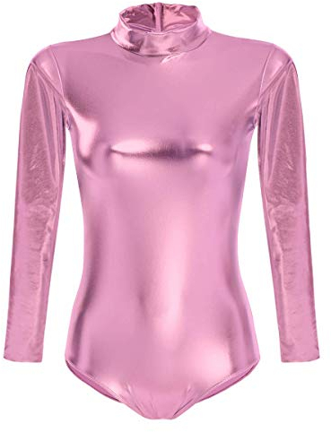 IBTOM CASTLE Ballettanzug Damen Frauen Langarm Body Ballett Trikot Turnanzug Gymnastikanzug Tanzen Bodysuit Tanztraining Gymnastik Kostüm Einteiler Metallic One Piece Leotards Oberteile Rosa 2XL