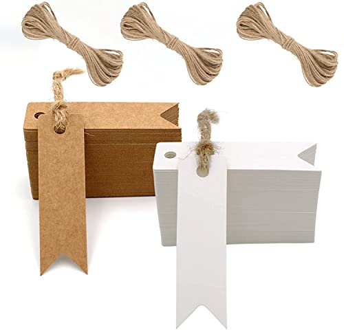 G2PLUS Klein Kraftpapier Etiketten Tags - 7x2 CM Geschenkanhänger Mini - 200Stk Anhänger Etiketten mit Jute-Schnur (Braun und Weiß)