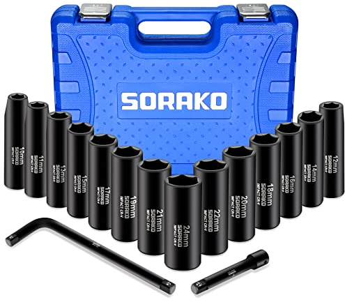 SORAKO Juego de llaves de vaso de impacto，juego de llaves de vaso profesionales de 1/2 de 16 piezas con extensiones de mango de llave en L para herramientas de reparación de máquinas grandes y más
