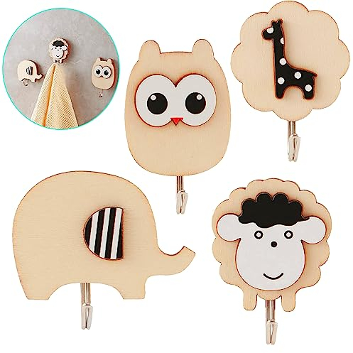 4 Stück Kindergarderobe Kleiderhaken Kinder,Garderobenhaken Kinder Selbstklebend, Wandhaken Holz Ohne Bohren,Kleiderhaken Selbstklebend Kinder,Garderoben Kinderzimmer,Selbstklebender Haken für Kinder