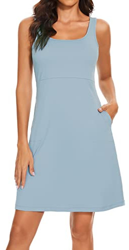 Women’s UPF 50+ Tank Dress A-Line with Pockets Breathable Quick Dry Sun Protection for Hiking Camping Beach Outdoors Stone Blue