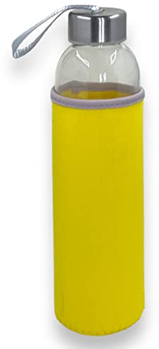 Glasflasche mit Neoprenhülle und Schraubverschluss mit Trageschlaufe - Trinkflasche aus Glas mit Schutzhülle - Wasserflasche für Sport, Büro, Schule & Outdoor - 500ml - spülmaschinenfest (gelb)