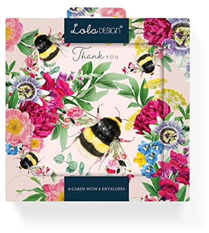 Tackkortspaket – paket med 6 bi tackkort – tillverkad i Storbritannien, 125 x 125 mm och tom insida för ditt eget meddelande, med grå kuvert ingår