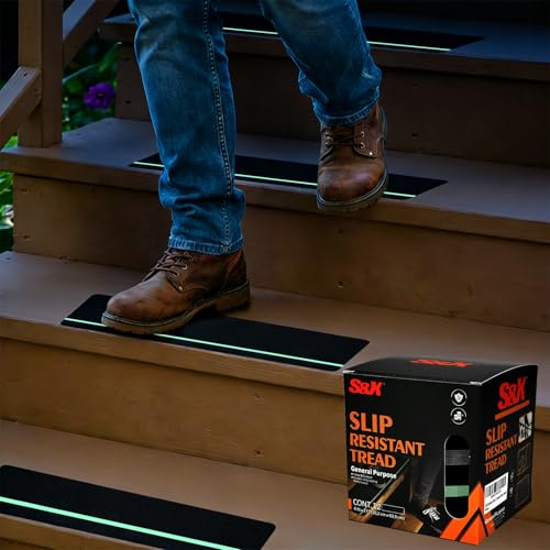 S&X Outdoor Stair Treads Non-Slip 12-Pack 4 x 24 Pre-Cut Anti Slip Tape, Glow-in-The-Dark Strip Grip Tape for Stairs,Steps,Wood,Concrete