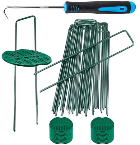 50 Edelstahl U-förmige Unkrautbekämpfung Membran Pegs + 20 Pufferwaschanlage + 1 Pick Hook, Garten Landschaft Heft künstliche Gras Pins Zubehör, Grün
