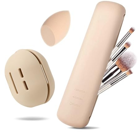 MisFun Étui à Pinceau de Maquillage en Silicone, 2 Pièces Porte Pinceau de Maquillage en Silicone avec Porte éponge de Maquillage, Rangement Pinceaux Portatif sac Cosmétique pour Voyage
