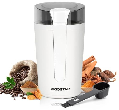 Aigostar Blanche - Molinillo de Café Eléctrico, con Cuchilla de Acero Inoxidable, Semillas Especias Frutos Secos Molinos de Cuchillas de 200W Potencia, Capacidad 60gr con Cepillo para Limpieza, Blanco