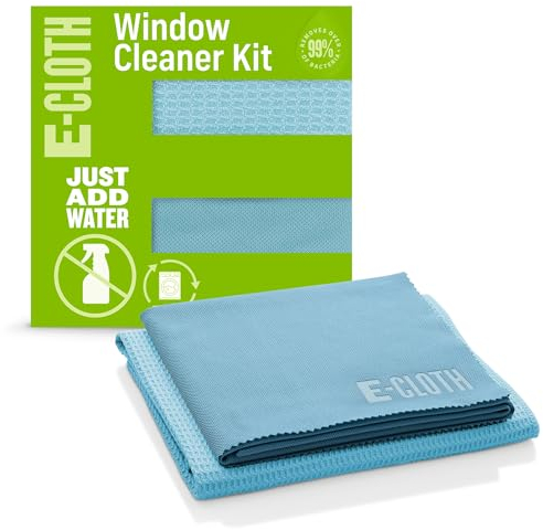 E-Cloth Window Cleaner Kit - Streak-Free Glass Cleaning Cloth, Microfiber Towel Kit for Windows, Car Windscreens, Mirrors - Blue