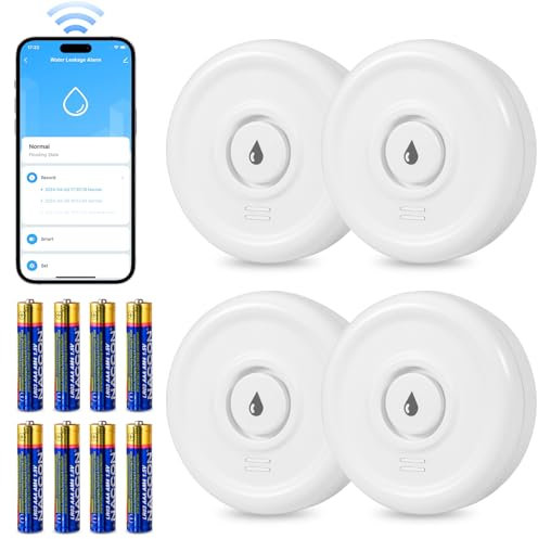 Detector de Fugas de Agua WiFi 2.4GHz Detector Fugas de Agua con Batería 100dB Alarma Inteligente Sensor de Agua, Smart Life App Control Detector de Agua para Cocina Sótano Baño (Paquete de 4)