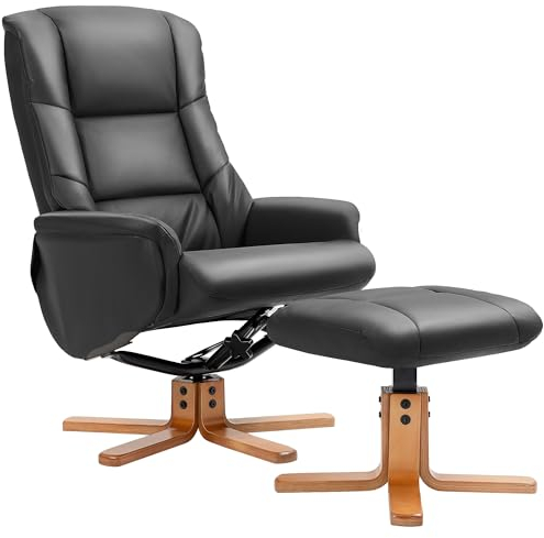 HOMCOM Fauteuil de relaxation avec tabouret, fauteuil TV avec fonction allongée, fonction bascule, fauteuil TV avec dossier haut, pieds en bois, pour salon, chambre à coucher, cuir synthétique, noir
