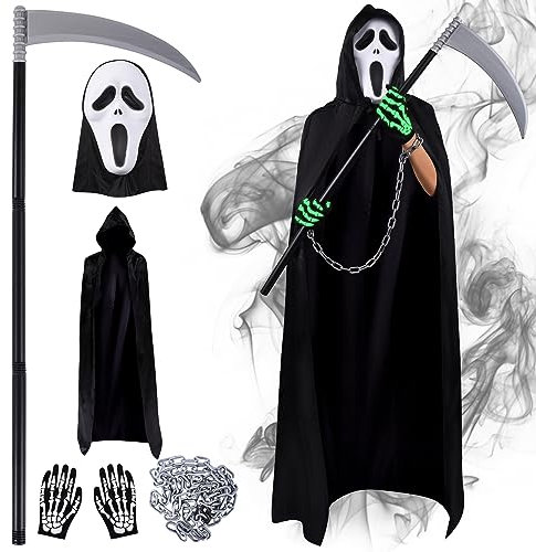 Herenear Scream Kostüm Erwachsene, Halloween Sensenmann Kostüm Set, Ghostface Costume mit Ghost Maske, Handschuhen, Sense, Ketten, Halloween Karneval Horror Outfit für Herren Damen