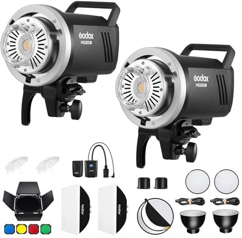 Godox MS300V 2-Pack Professional Studio Strobe Flash Light 300W Studio Flash Strobe kit 300W GN58 0,1-1,8 s Temps de Recyclage 2,4 G Système X, 5600 ± 200K Flash avec Lampe Pilote LED
