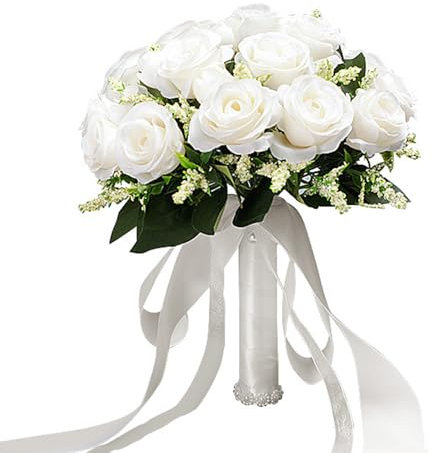 Xusxes Bouquet de Mariée Artificiel Mariage Tenant Blanc Faux Fleur Mariée Holding Flowers Bouquet Bridal Roses Artificial Flowers Bouquet Deblanc Fausse Rose Fleurs Blanches De Mariage(25 * 25 cm)