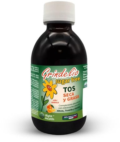 GRINDELIO SUGAR FREE: Tos Seca y Productiva con Altea, Hiedra y Tomillo. 200 ml Solución mucolitica natural indicada para diabéticos, contra la tos y dolor de garganta. Sin azúcar, gluten ni lactosa.