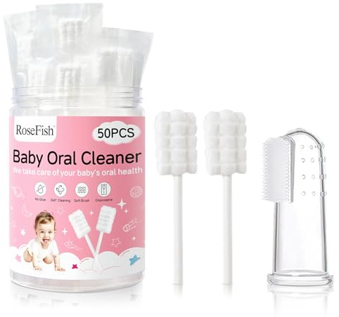 RoseFish 50Pcs Baby Tongue Cleaner for 0-36 Month No Glue Disposable Baby Mouth Oral Cleaner Infant Toothbrush Gum Cleaner 3D Soft Infant Tongue Cleaner+1PCS Finger Toothbrush