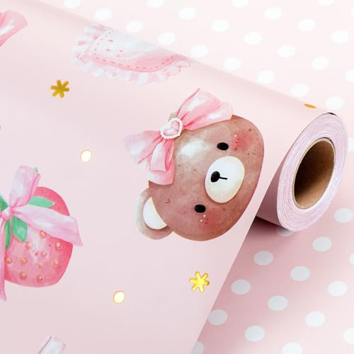Wikadlik Baby Girl Pink Wrapping Paper - 43cm x 10m Mini Roll - Cute Bear Strawberry Bow Gift Wrap Paper for Birthday, Wedding, Valentines Day