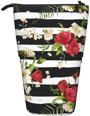 HKHLHLH Black White Stripes Red Rose Flowers Pencil Case Standing Pen Holder Telescopic Pouch Pop Up Cosmetics Bag,for Girls Boys Students