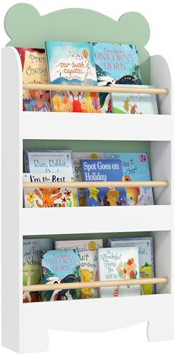 AIYAPLAY Libreria per Bambini a 3 Ripiani, Scaffale Salvaspazio a Forma di Orsetto con Barriere Frontali, per Cameretta e Salotto, 55x15x110 cm, Verde