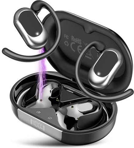 STECEi Open Ear Headphones, Bluetooth 5.4 Wireless Earbuds with Adjustable Ear Hooks, Powerful Sound, Air Conduction Earbuds with Mic, 36H playtime, IPX7 Waterproof Sports Earphones, Deep Black