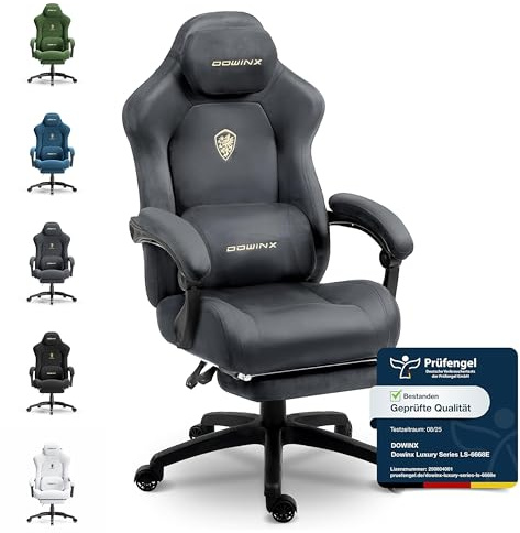 Dowinx Gaming Stuhl Ergonomisch mit Verstellbarem Massage-Lendenkissen, Mikrofaser-Velours, Dickes Sitzpolster, Ausziehbarer Fußstütze, Armlehnen Verstellbar, 160° Neigbar, Hellgrau