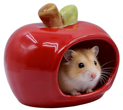 MC MEICHUANG Ceramic Hamster Hideout, Apple Shape Cute Cooling Cave, Small Pet Habitat House, Non-Toxic Glazed Nest For Dwarf Hamsters Gerbil Golden Bear(Red)